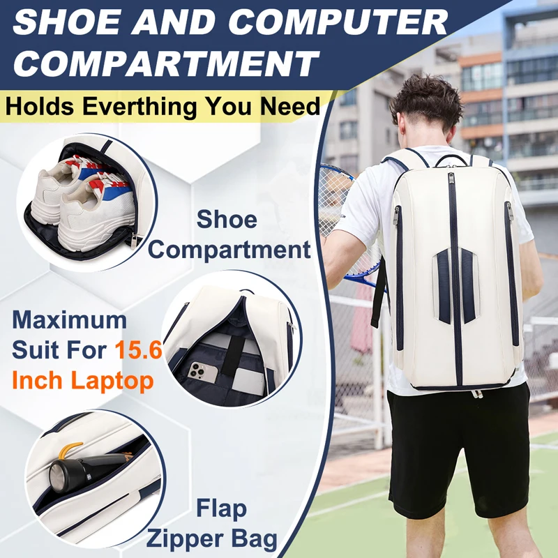 Waterproof PU Tennis Pickleball Padel Racquet Backpack Spacious Shoe Compartment Squash Badminton Tenis Racket Bag Sport Handbag view 4