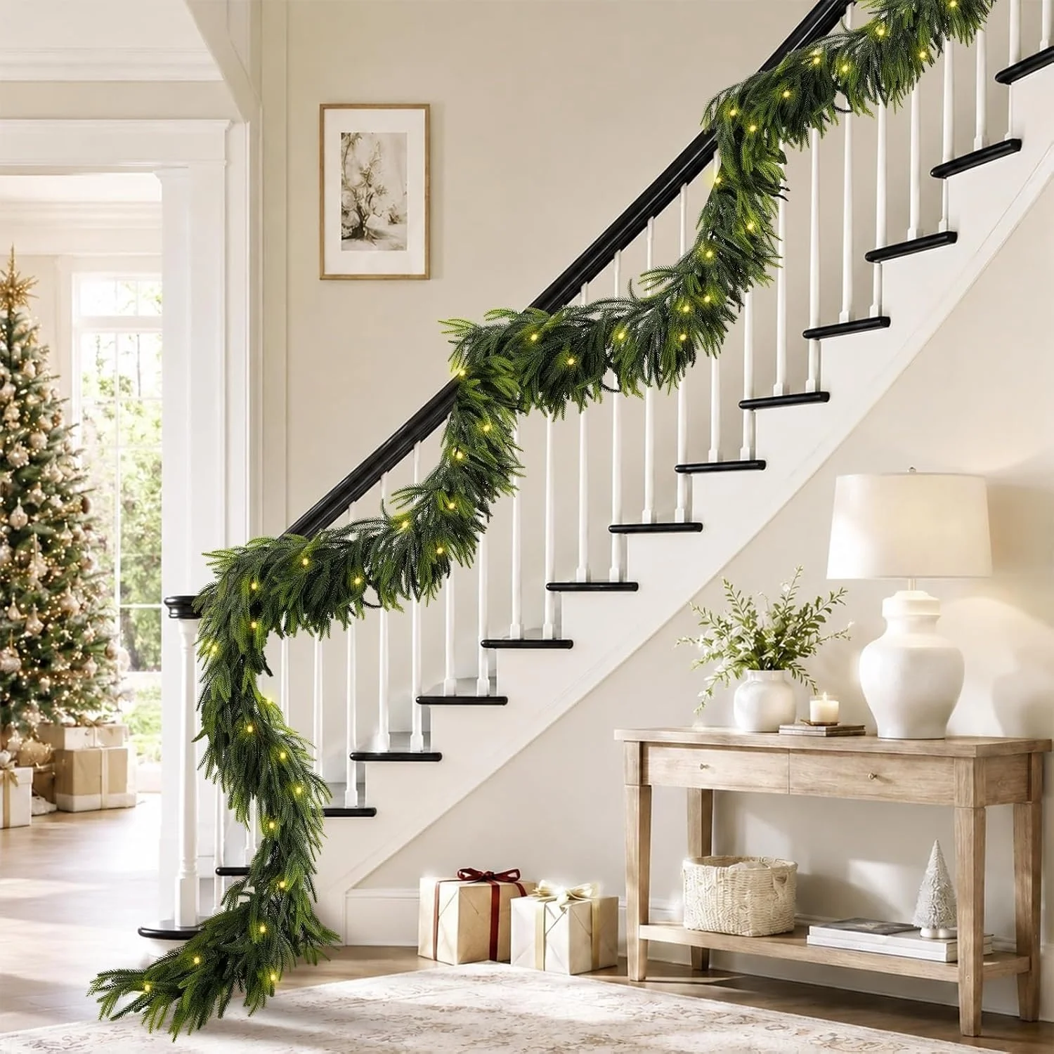 15FT Christmas Norfolk Pine Pre-Lit Garland with 125 LED Lights Real Touch Prelit Garland Christmas Greenery Garland for Table