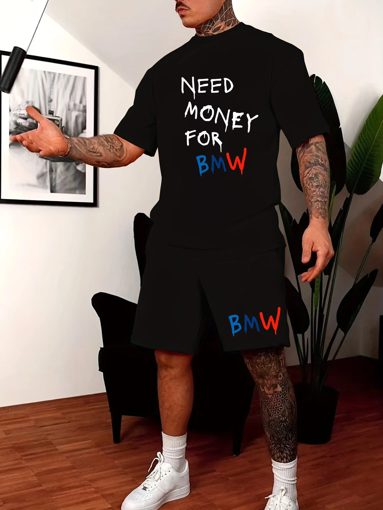 

2025 Summer New Funny BMW Letter Graphic T-shirt Shorts Two-piece Set Men's and Women's Short-sleeved Men's Street Wear