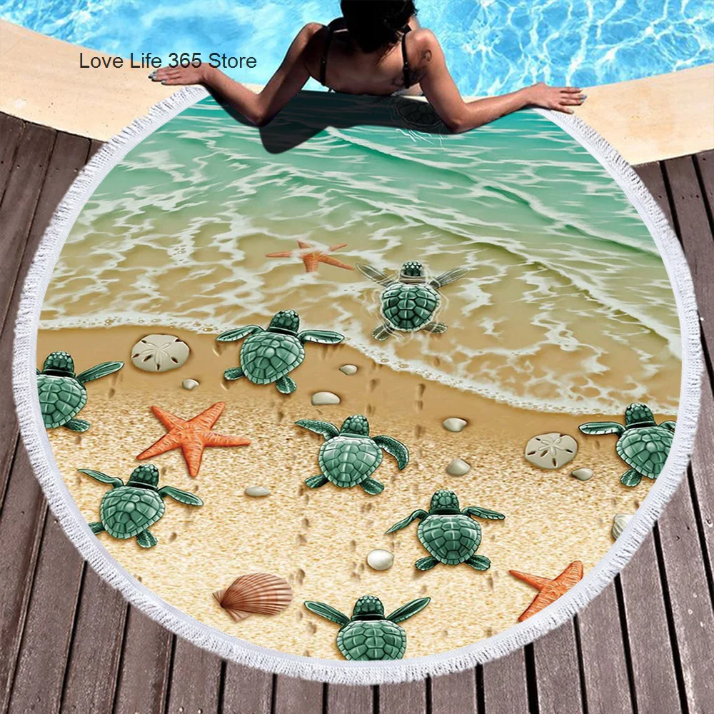 

Starfish And Turtle Round Beach Towels Summer Thick Bath Towel Microfiber Fabric 150cm Size Swimming Travel Sport Adult Kids