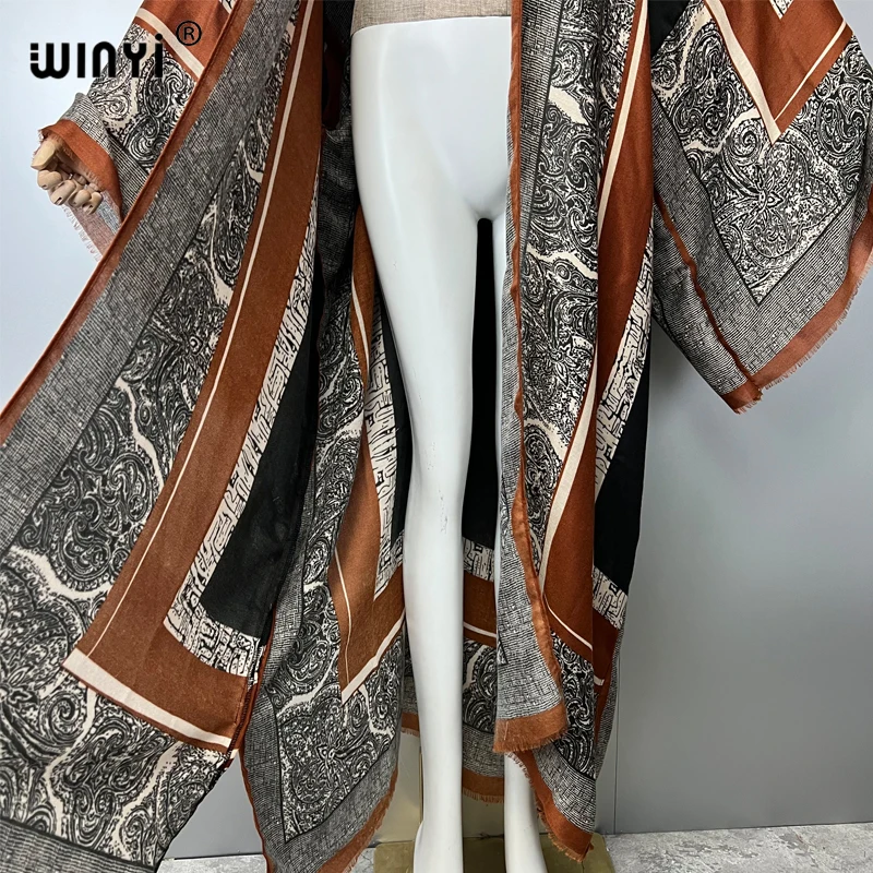 WINYI البوهيمي كيمونو طباعة سترة المرأة معطف فضفاض معطف طويل عطلة الشاطئ التستر فستان الحفلات الفاخرة دبي عباية ماكسي فستان