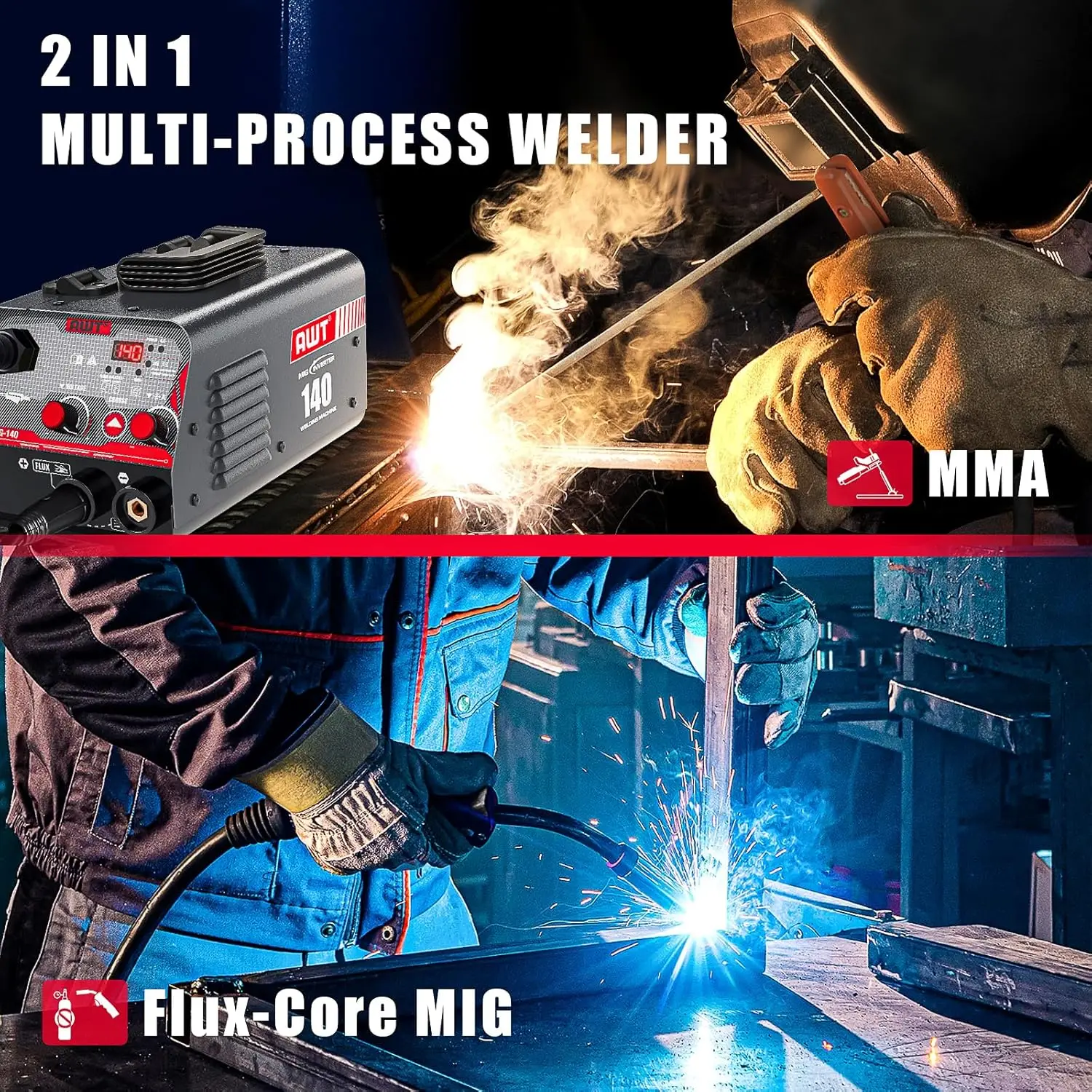 AWT MIG Welder 140Amp Flux Core Stick 2 in 1 Welding Machine 110V with Synergy IGBT Inverter Portable Gasless Welder Equipment