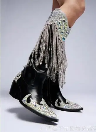 Luxury Women Black Leather Sliver Bling Hot Drill Crystal Rhinestone Tassel Fringed Block Heel Tube Slip On Knee High Boots