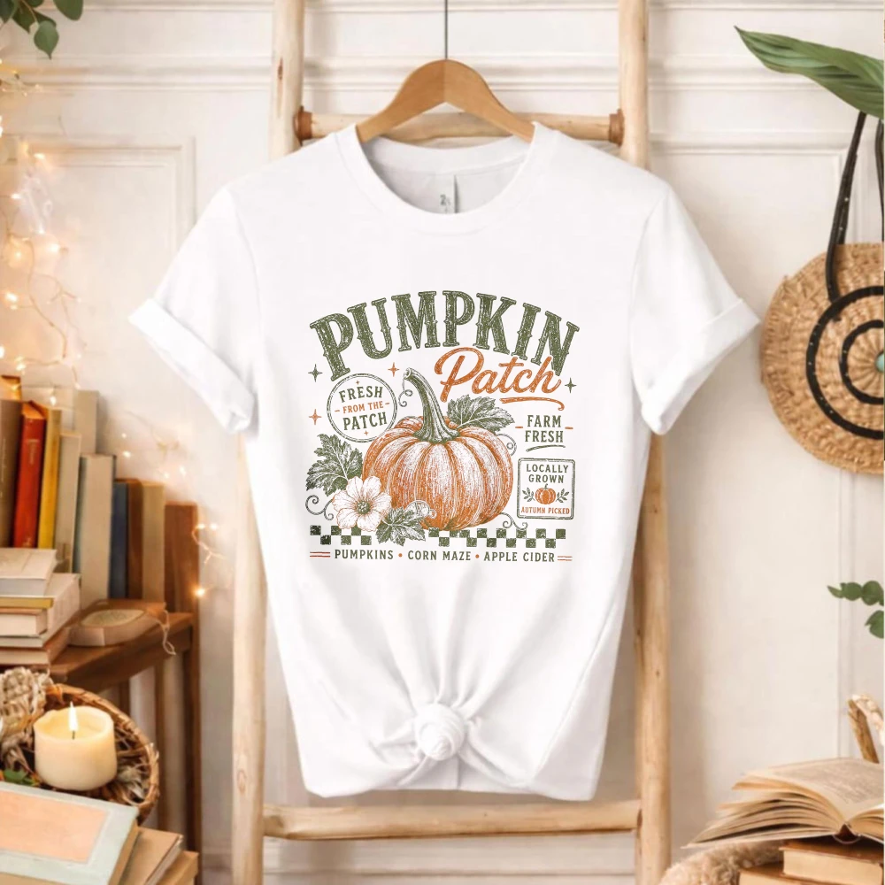 Pumpkin Patch Graphic T‑Shirt Farm Fresh Pumpkin Flower Checkered Pattern Distressed Letter Autumn Harvest Holiday Casual Tops