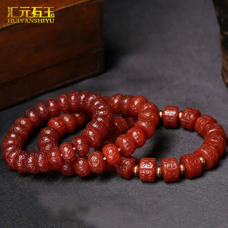 Antique Old Agate Back Pattern Abacus Carved Men and Women Chalcedony Tibet Beads Bracelet