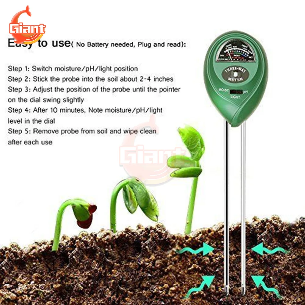 3 in1 Soil Moisture Meter Moisture Sunlight PH Meter Moist Sensor Tester Soil Water Acidity Humidity Light PH Test Analyzer Tool