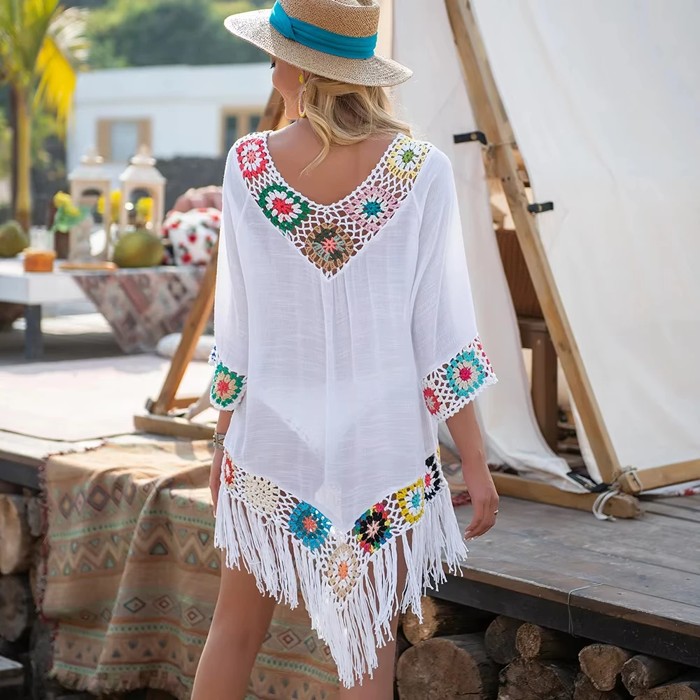 Mini abito da spiaggia in maglia con maniche a campana con scollo a V chic a righe Boho sexy, copricostume estivo da donna per le vacanze al mare