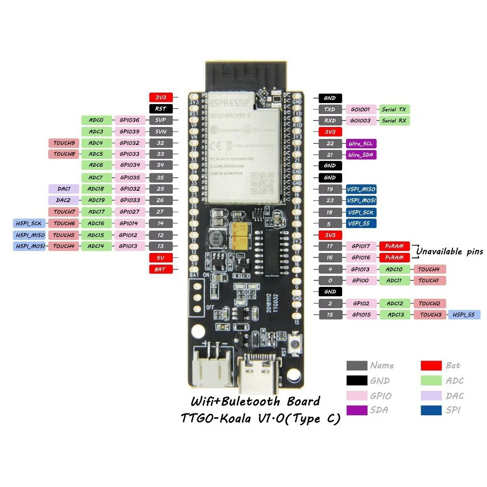 T-Koala Esp32 Módulo Wifi e Bluetooth Placa de Desenvolvimento de 4Mb Baseada Esp32-Wrover-B