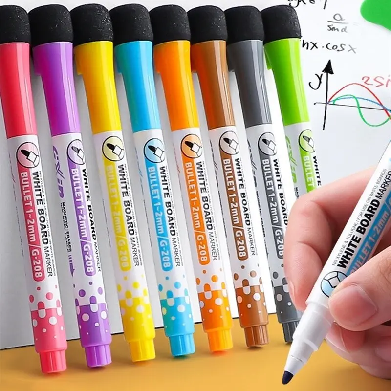 8 Color/Set Erasable Magnetic Whiteboard Markers Pen with Eraser 1-2mm Quick Drying Whiteboard Pen with Magnet