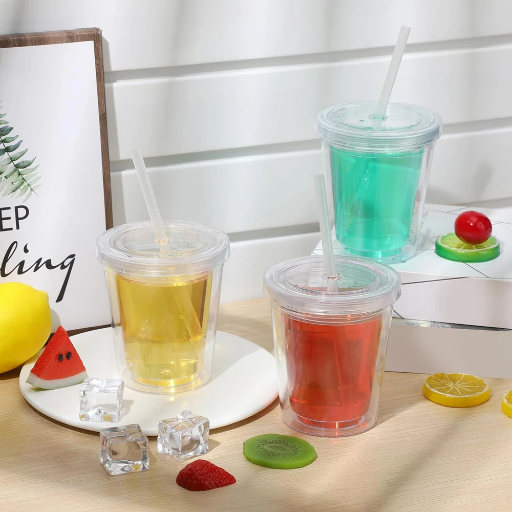 Clear Tumblers with Lid and Straw for Kids 12 oz Insulated Acrylic Double Wall Tumbler Toddlers Reusable Plastic Clear Cup Kids