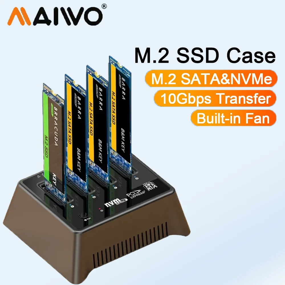 กล่องสำหรับสำรองข้อมูลแบบออฟไลน์ MAIWO 4 ช่องใส่ M.2 NVMe/SATA SSD รองรับ USB 3.2 Gen2 10Gbps พร้อมพัดลมระบายความร้อน รองรับการใช้งานแบบ Dual Protocol