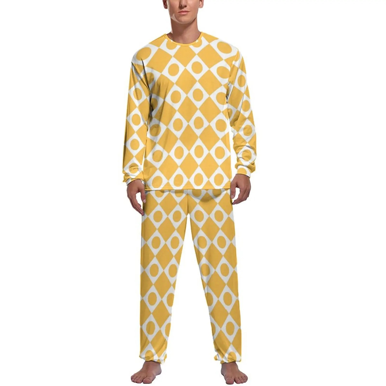 

Retro Mod 60s Pajamas Autumn 2 Pieces White And Yellow Romantic Pajamas Set Men Long Sleeve Night Graphic Home Suit