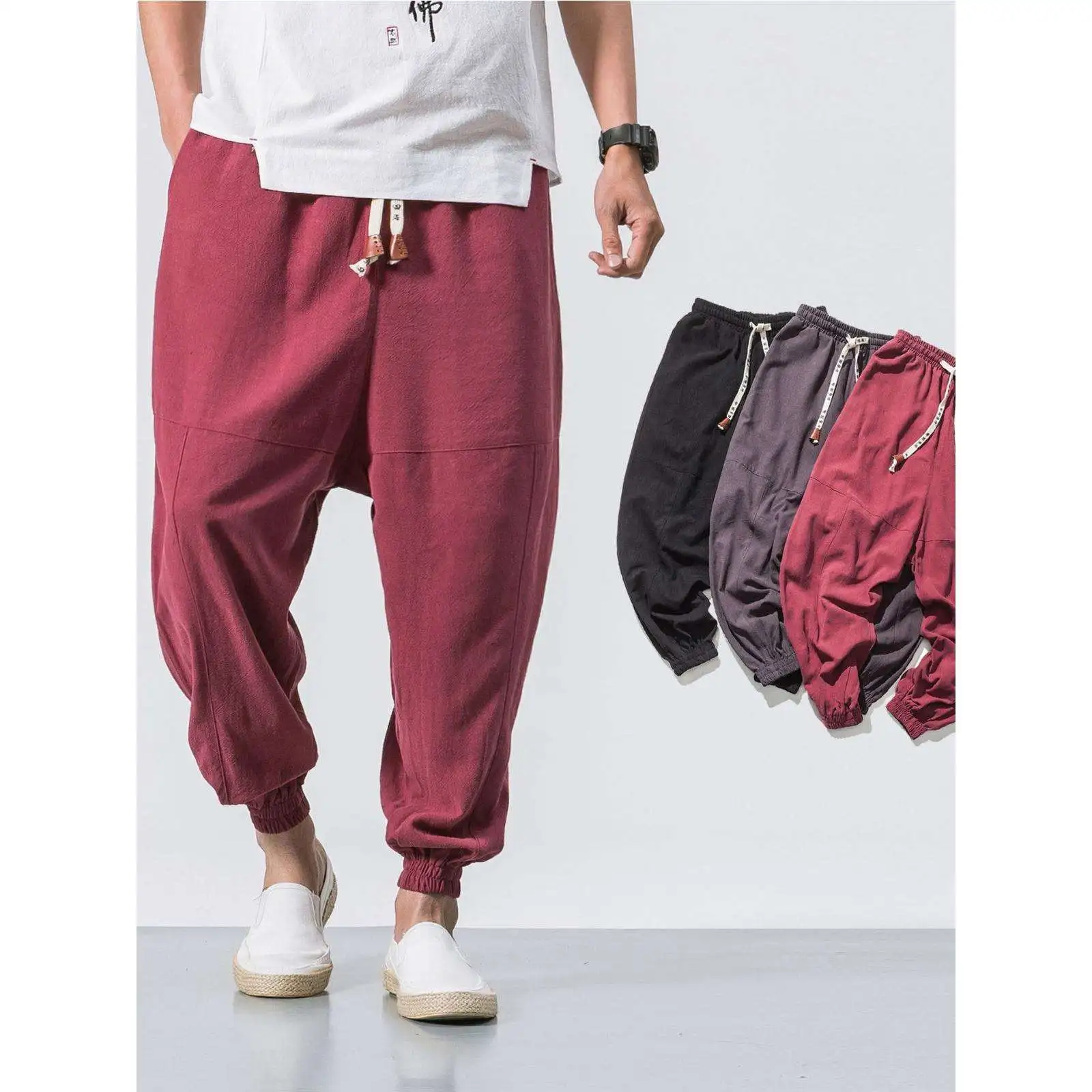 

Large Size Men's Linen Pants Trendy Casual Harajuku Style Loose Fit Long Trousers Spring Autumn Seasonal Fashionable Men's Wear
