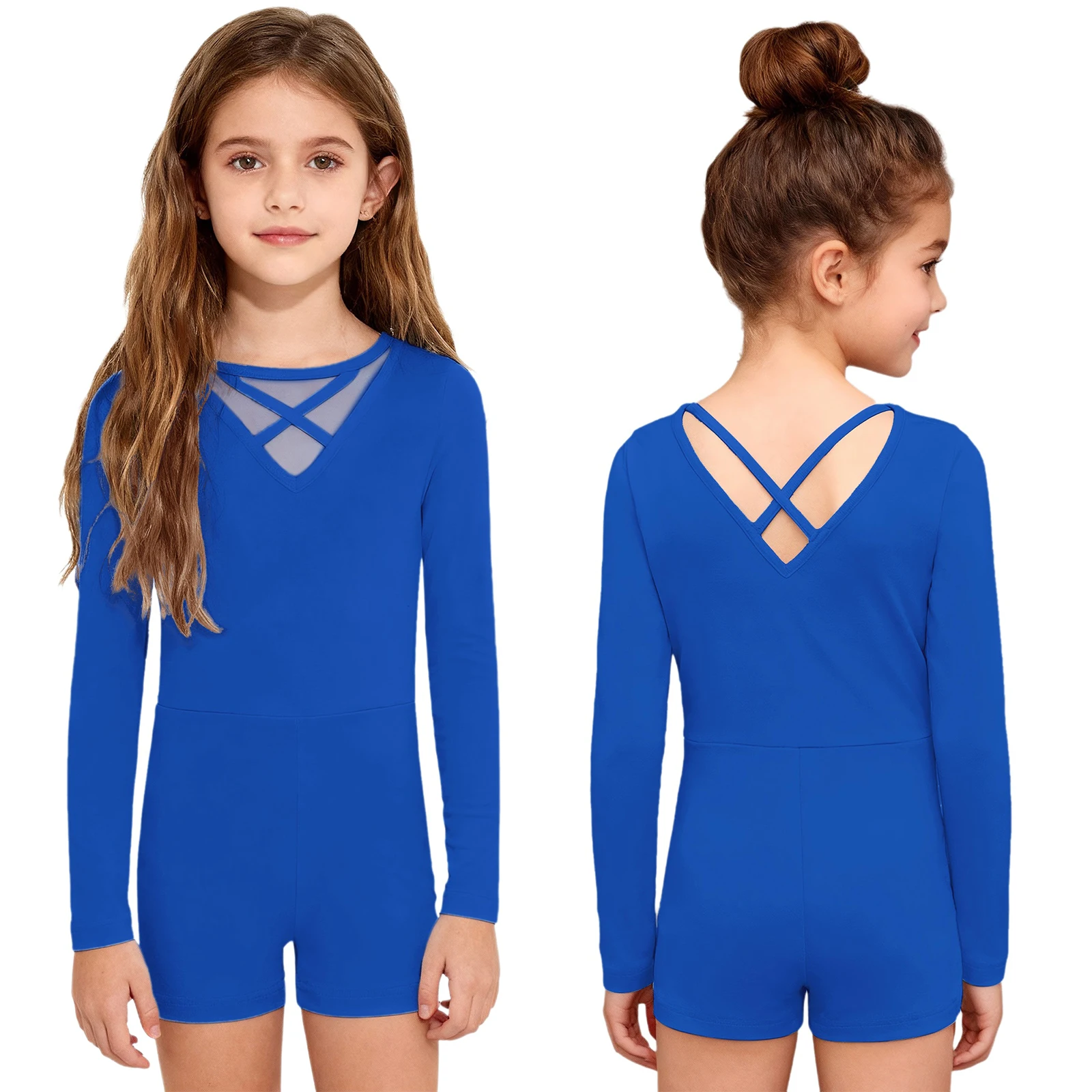 

Kids Girls Ballet Dance Gymnastics Performance Warm-up Bodysuit Long Sleeves Sheer Mesh Stretchy Practicing Ballet Dancewear