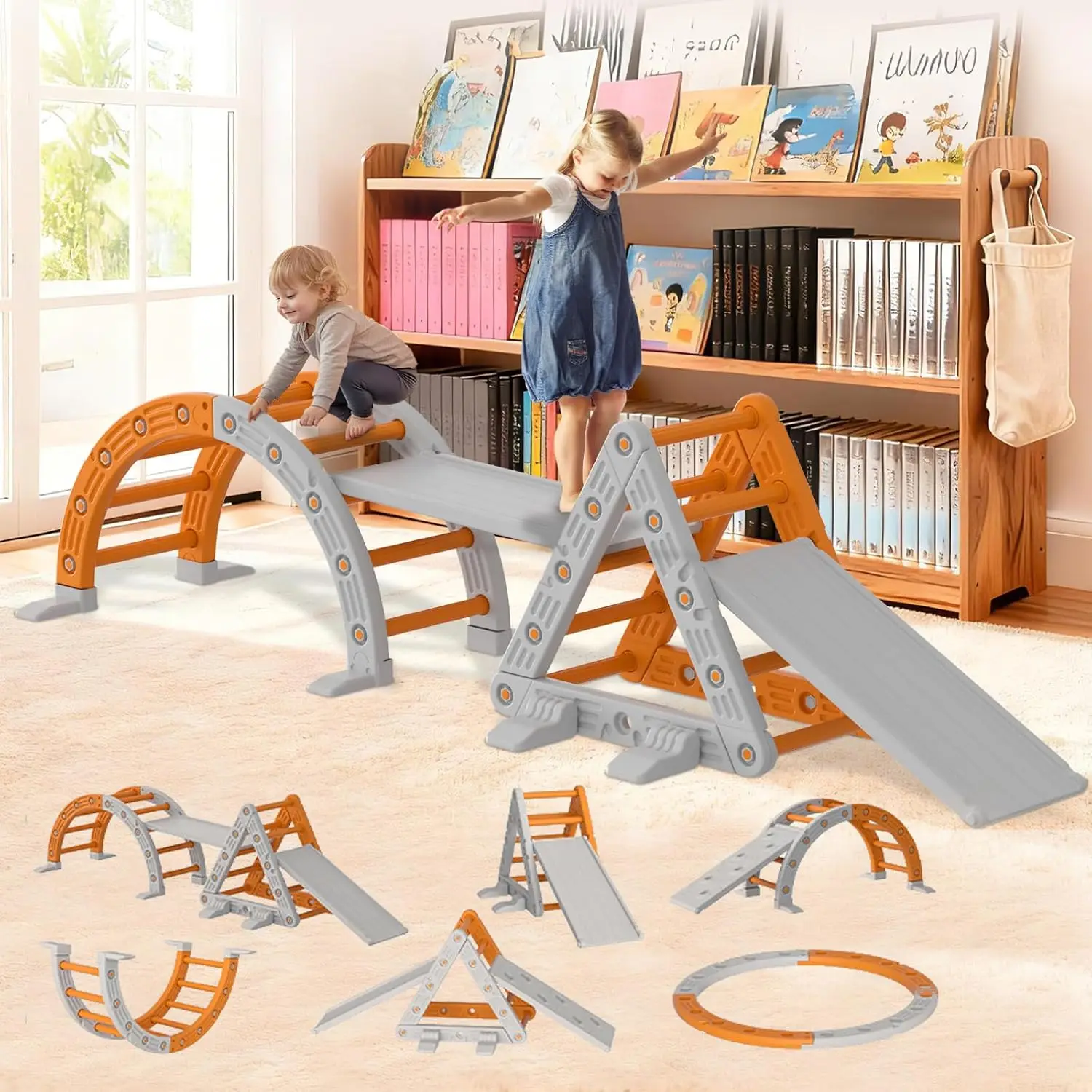 9-in-1 Triangle Set, HDPE PP Plastic Climbing Set, Durable 1-8 Toddler Climbing Toys Indoor with Arch, Ramp, Ladder & Slide, Ind