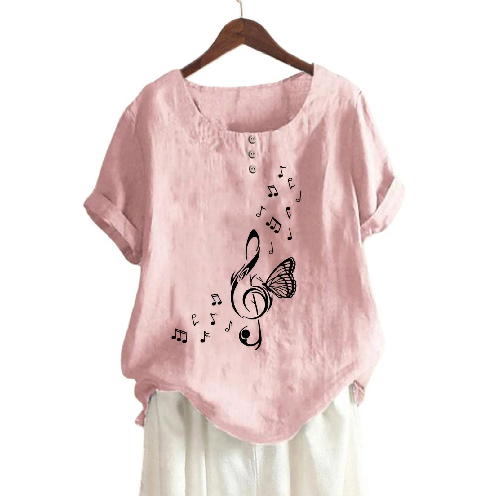 Solid Color Line Shirts Womens Music Print Blouses Elegant Cute Pink Short Sleeve Summers Top Tees Office Ladies Loose Blusa