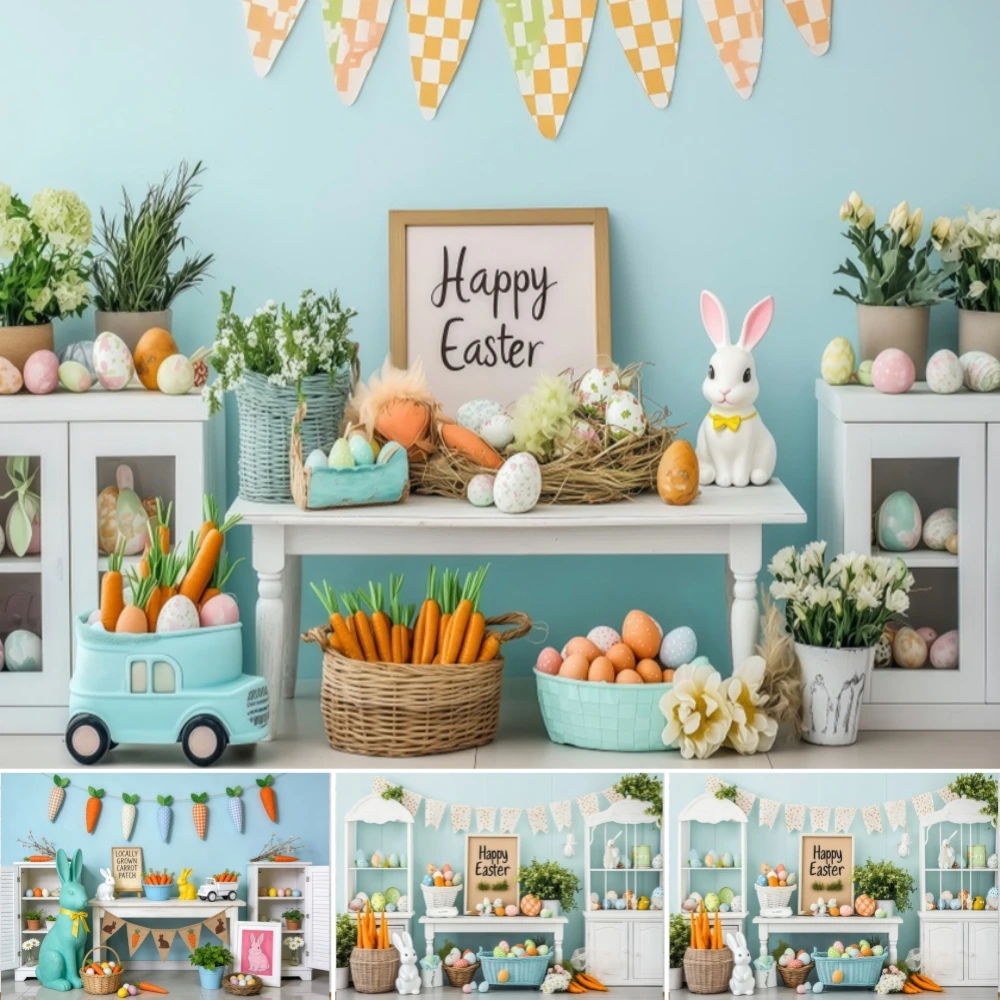 

Spring Easter Decor Background Blue Wall Carrot Bunny Eggs Decor Kids Family Indoor Party Portrait Photography Backdrop Props