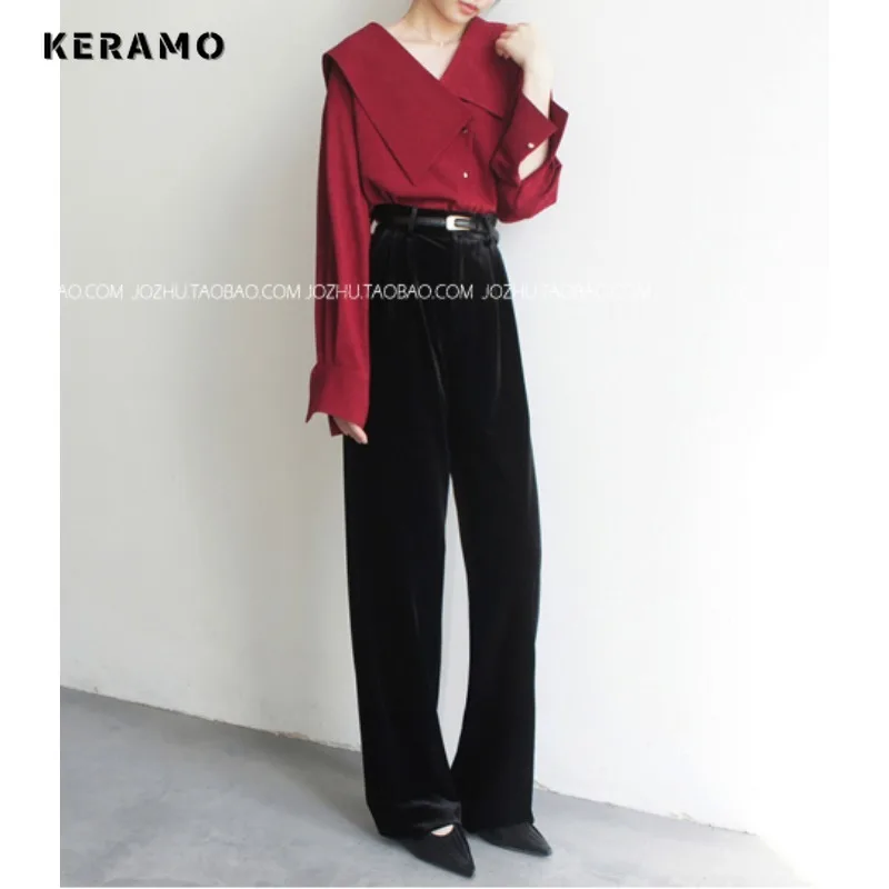 Korean Casual Style Peter Pan Collar Red Long Sleeve Solid Color Blouses 2024 Spring Women Single Breasted Luxury ELegant Shirts