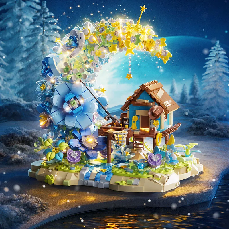 

MOC Fairy Tale Moon Wooden House Building Blocks Set With Light Tree Forest Night Hut Toys For Children Birthday Special Gifts