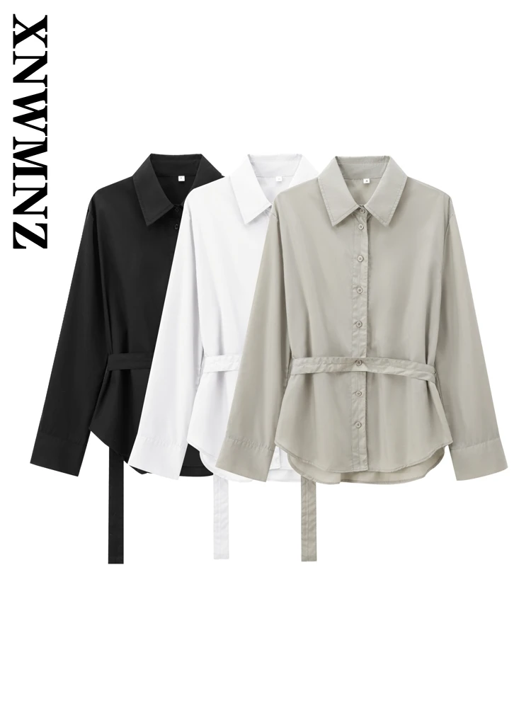 XNWMNZ 2024 Autumn Woman's Vintage Long Sleeve Shirt Top Classic Woman Turn-down Collar Outerwear Ruffles Regular Fit belt Coat