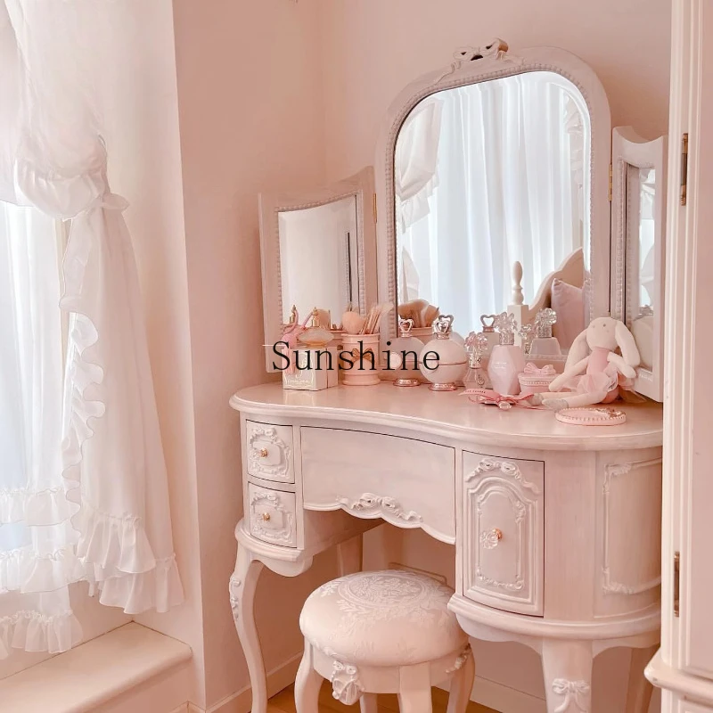 

French solid wood bedroom pink princess style dressing table carved with mirror dressing table