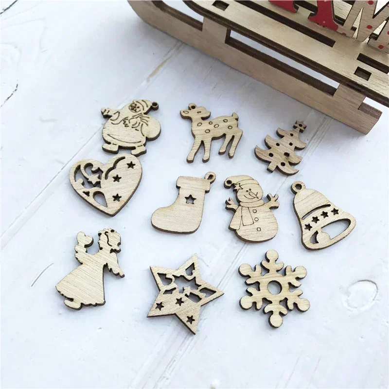2026 Latest 50Pcs Natural Wooden Chip Ornaments Santa Snowman Christmas Tree Hanging Pendants DIY Xmas Decor Kids Gifts