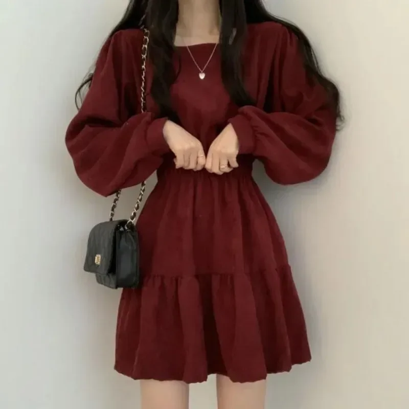 Women's Squareneck Shows Thin Wrinkles Korean Version for Age Reducing Girls Loose Fitting High Waisted Retro Small Figure Dress