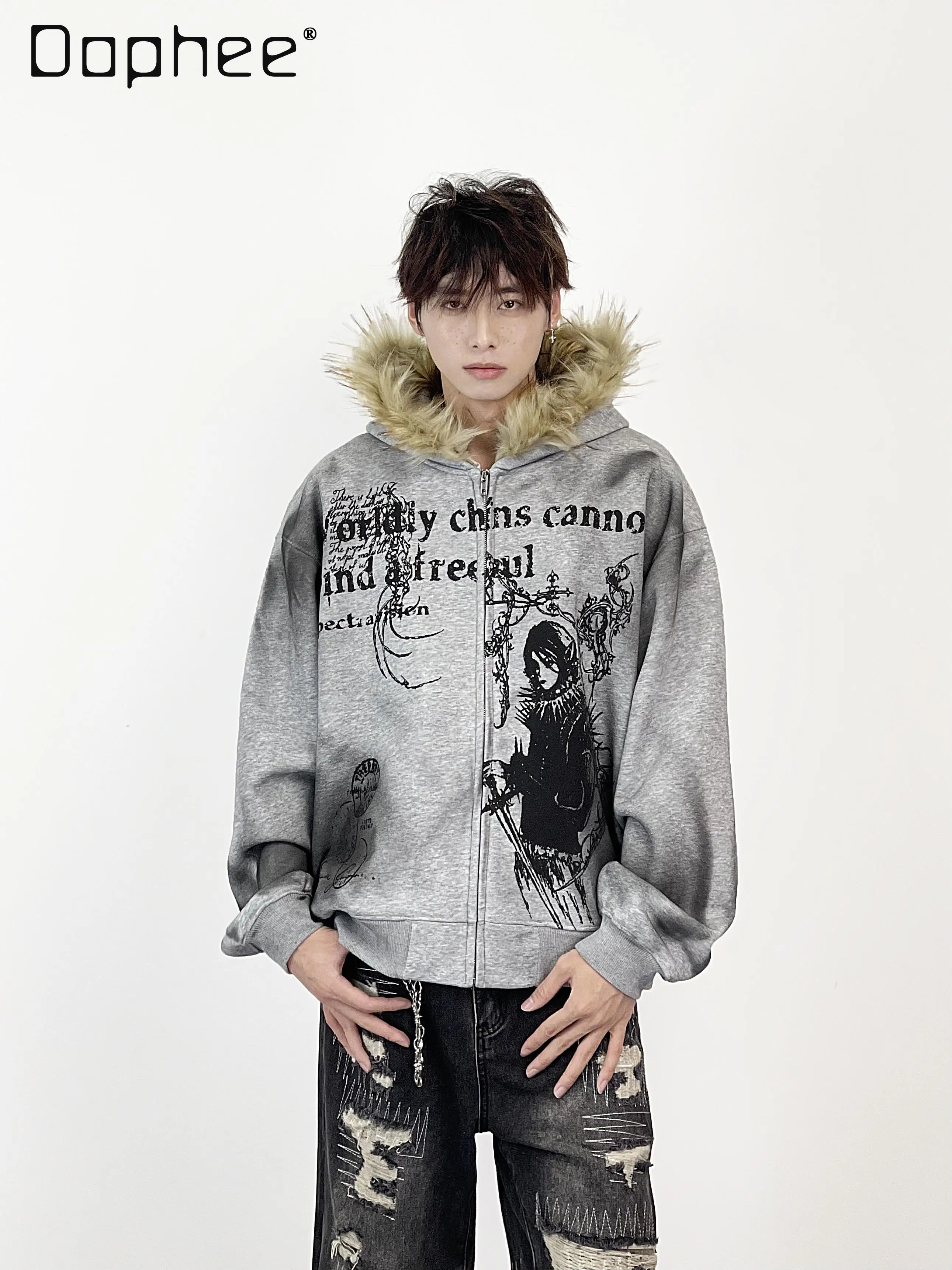 

2025 Autumn Winter New American Street Style Gray Fur Collar Hooded Sweatshirt Men's Casual Velvet Black Cardigan Jacket