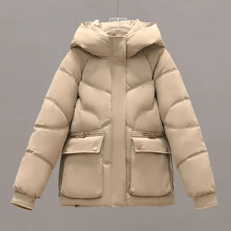 2024 Winter Cotton Padded Jacket Women Drawstring Warm Thick Loose Cotton Parkas Female Winter Hooded Parka Down Jacket Outwear