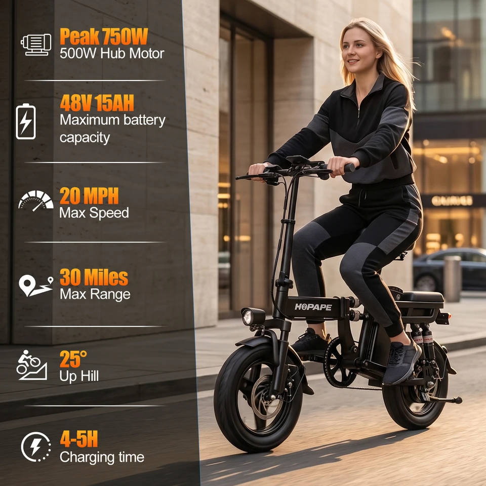 48V 15AH Battery EBike 20+MPH 750W Folding Electric Bike 30 Miles Max Range Electric Bike for Adults 14" Fat Tire image 2