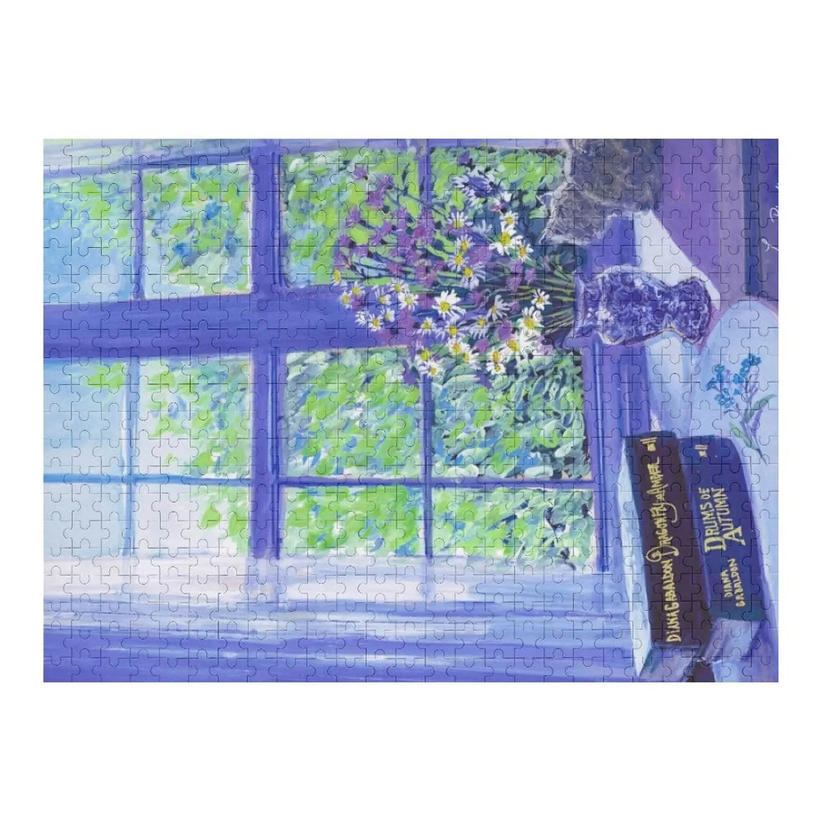 

forget me nots window painting by Laura Rispoli cat blue vase daisy chamomile books reading art Jigsaw Puzzle