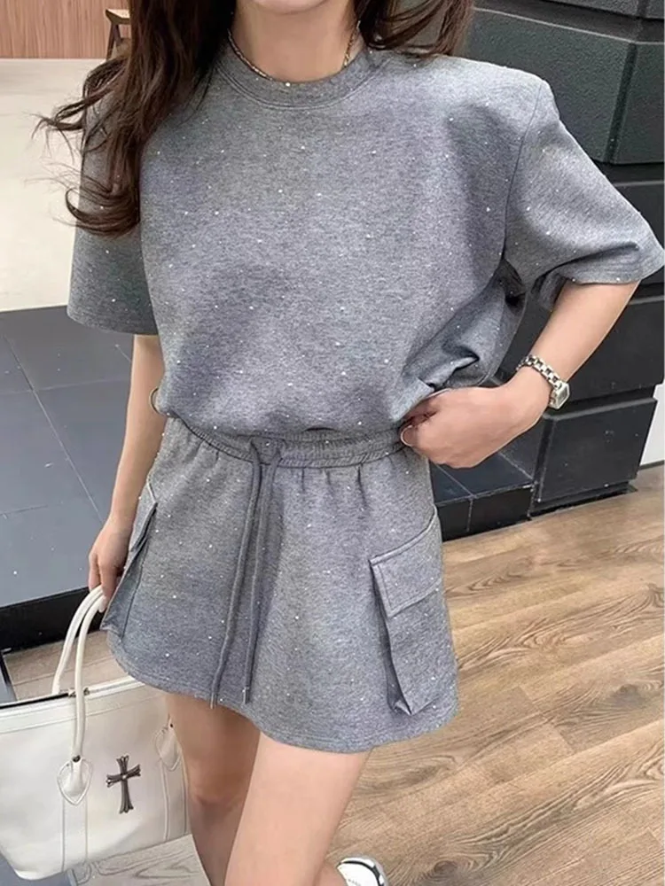 Diamond Studded Loose Short Skirt Women Set Summer O-neck Short Sleeved T-shirt Versatile Lace Up High Waisted Skirt Two Piece