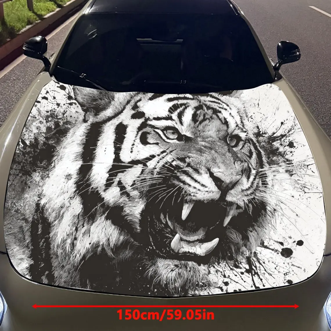 Car Decals Tigers with Striking Stripes, a Fierce Roaring Expression, and a Monochrome - Style Scene Car Hood Sticker, Waterproo