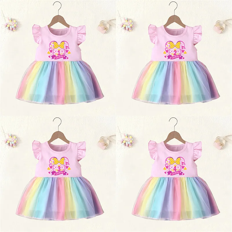 

Baby Girl Clothes Age 1 2 3 4 Years Birthday Dress Cartoon Mouse Cute Princess Vestidos Toddler Girls Rainbow Mesh Party Dresses