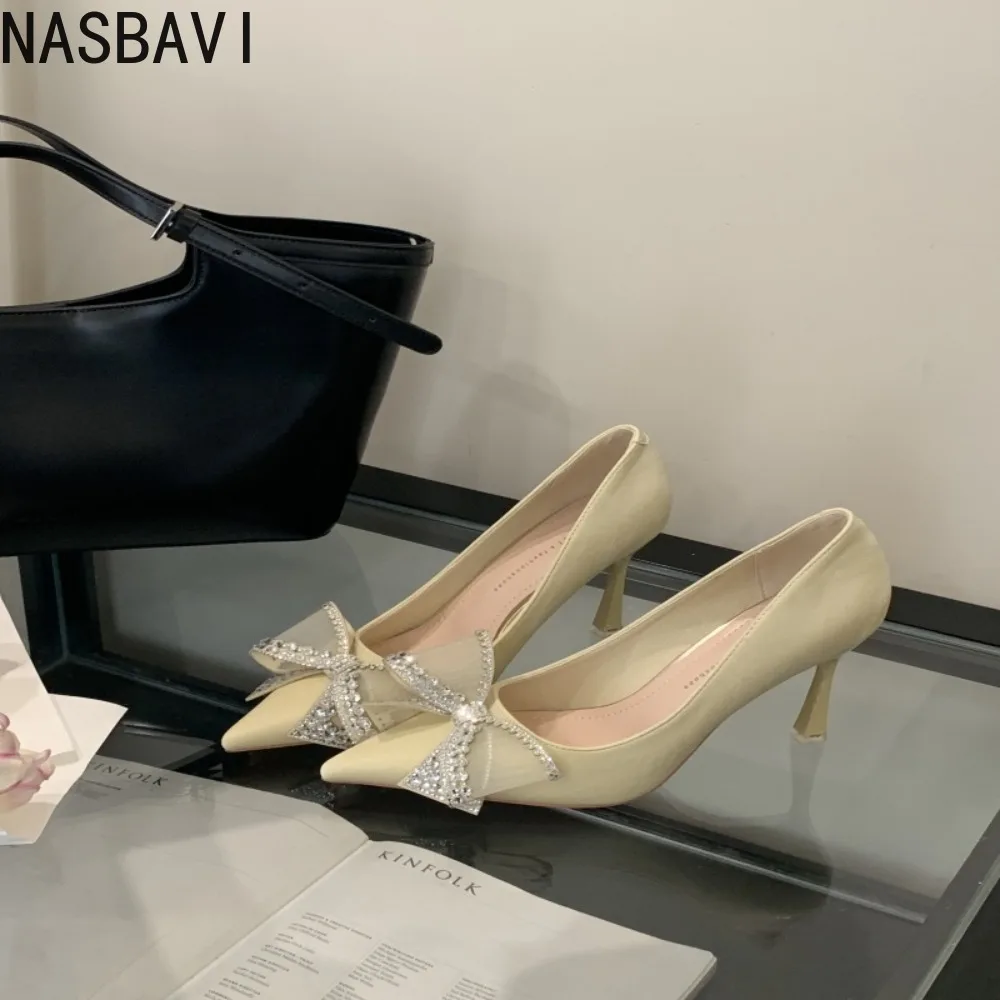 Women's Shoes Versatile Single Shoes Spring Autumn Sexy Pointy Rhinestone Black Mature Women Thin Heels High-heel Zapatos Mujer