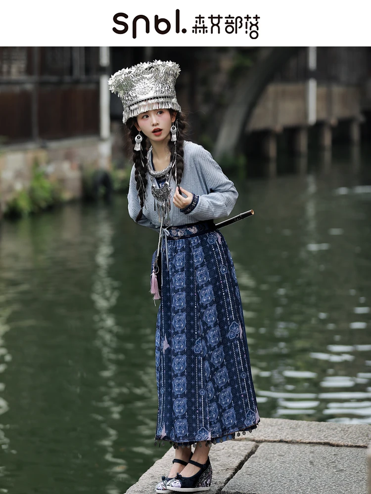 Mori Girl Tribe Original Han Element Ethnic Style Printed Pleated Swing Skirt Women's 2025 Spring New Women's Clothing