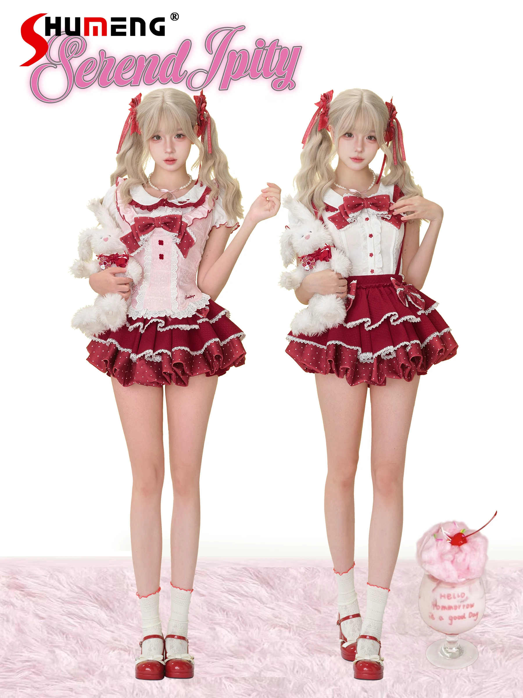 

Sweet Cute Girl Embroidered Doll Collar Puff Sleeve Single-Breasted Shirts Pink Apron High Waist Dot Strap Mini Skirts Women