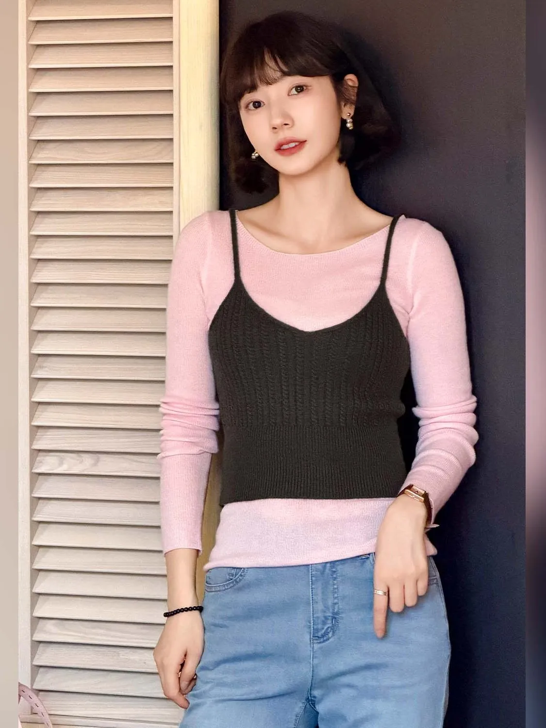 

Pink Knitted Two-Piece Set Small Shirt Women's Fashion Korean Style Casual Fit Long Sleeve Short Length Overhead Polyester Fiber