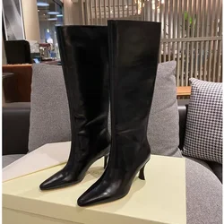 2024 novas botas apontadas de salto alto até o joelho, botas de comprimento médio de cavaleiro feminino elegante e sexy para outono e inverno