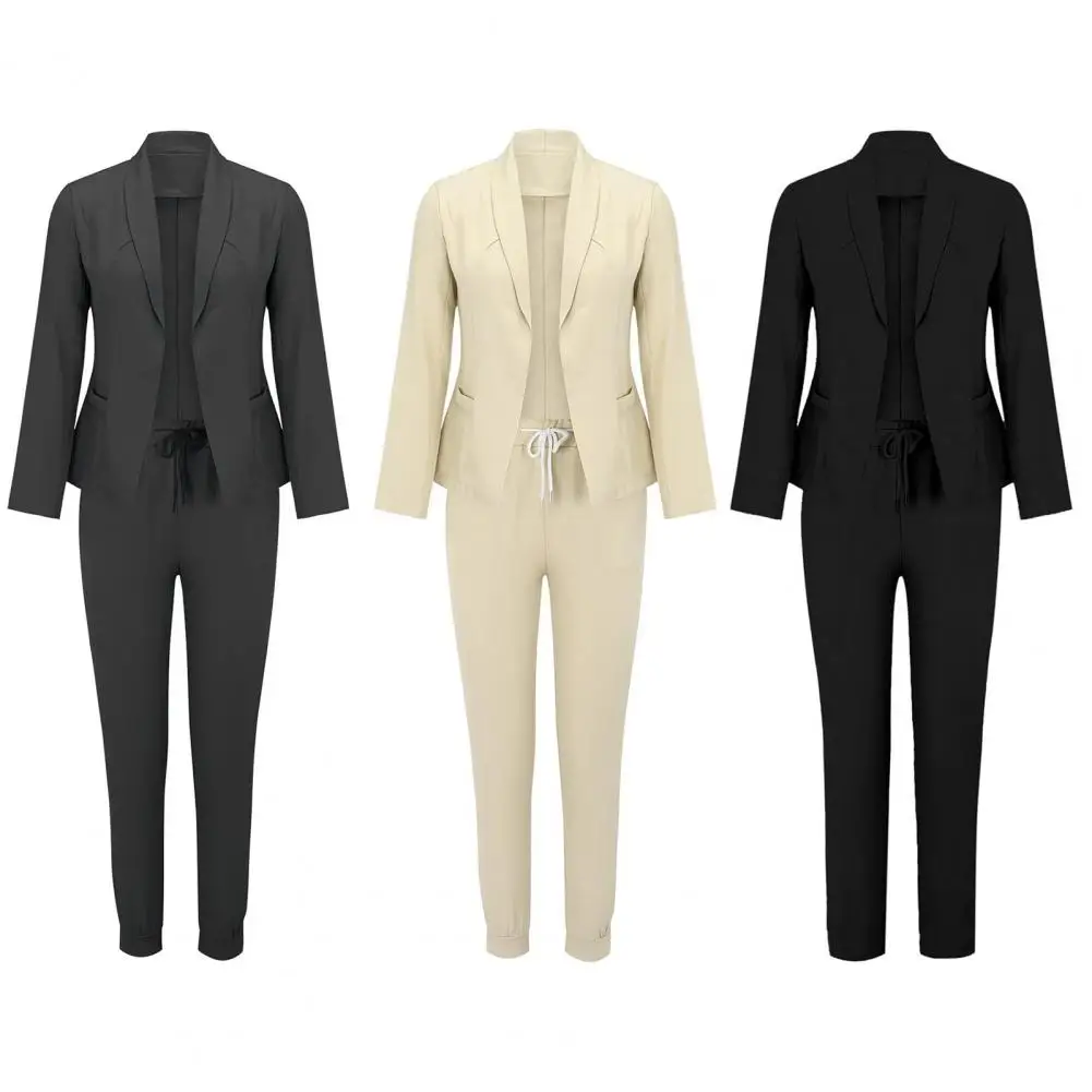 Casual Black Blazer Pants Set Women Full Sleeve Closed Waist Long Straight Solid Pant Sets Female 2025 Autumn Lady Suits