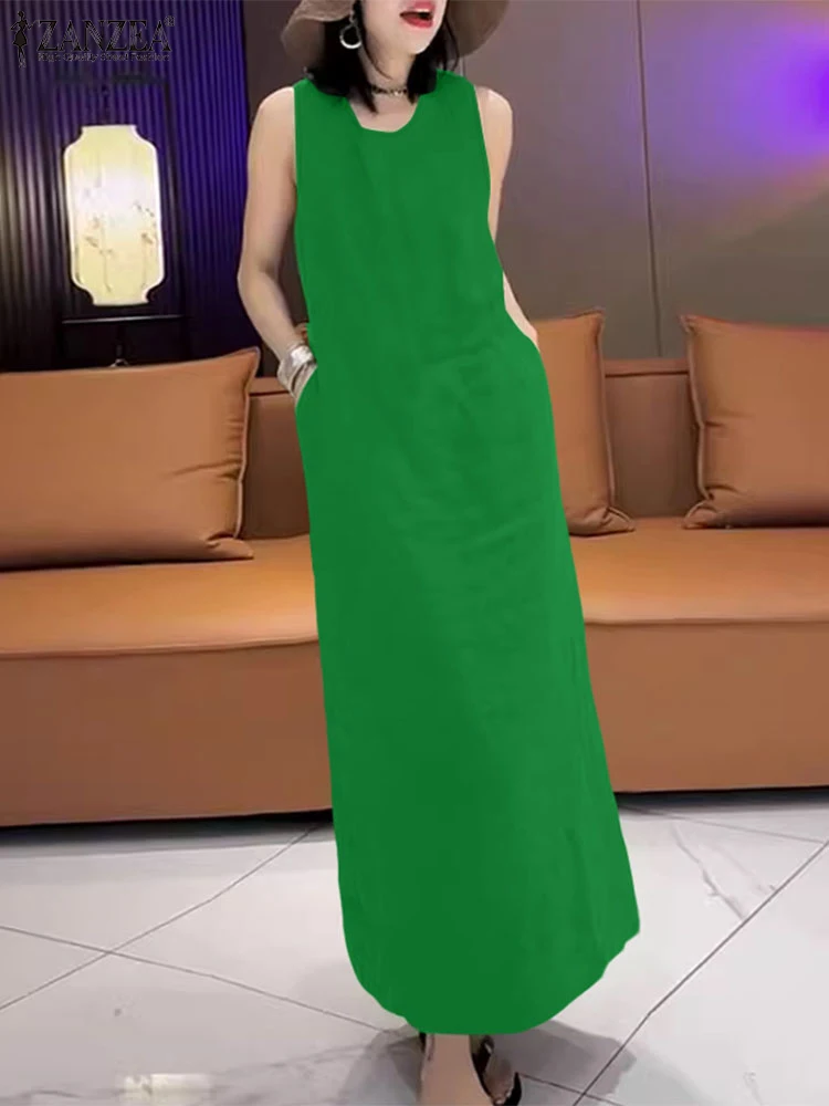 ZANZEA Moda Crossover Indietro Allentato Maxi Abiti Donna Estate Casual O-Collo Senza Maniche Carro Armato Vestaglie di Colore Solido Fessura Orlo Abiti
