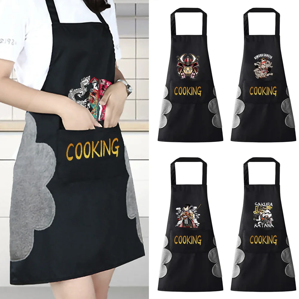 

2023 Household Kitchen Aprons Men Women Oil-proof Waterproof Bib Adult Samurai Print Coffee Beauty Work Apron Wipe Hand Overalls