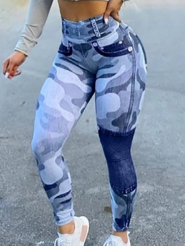 Camouflage Printed Faux Denim Jean Leggings Women Fashion High Waist Running Elastic Female Workout Trousers Push Up Leggins