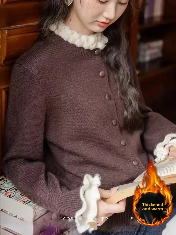 

Winter Knitted Button-Up Long Sve Stand Collar Vest Vintage Sle Women's Lace Trim Open Cardigan Breathable Comfortable