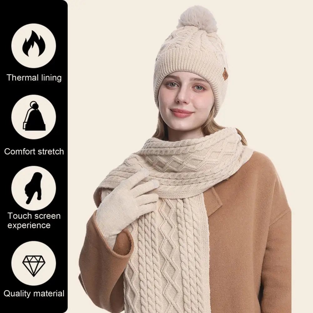 Conjunto de cachecol longo de malha, chapéu de inverno, conjunto de luvas com bola de pelúcia, gorro forrado de lã, cachecol de malha para mulheres para clima