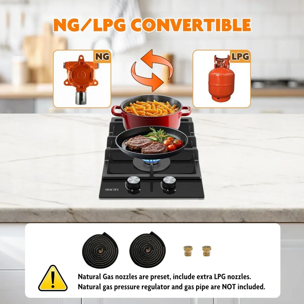 Estufa de gas de 2 quemadores, estufa de combustible doble de propano/GPL/NG integrada de 12 pulgadas, placa de vidrio templado negro con protección de termopar y A