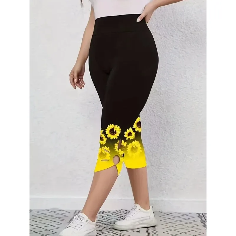 Damskie Plus Size 1XL-8XL nadrukiem słonecznika legginsy modne wycięte wygodne Finess Capri krzywe damskie idealne odzież na co dzień