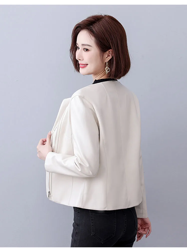 แฟชั่นไม่สม่ําเสมอซิป Sheepskin แจ็คเก็ตผู้หญิงลําลองแขนยาว Slim สุภาพสตรี Chic แยกเสื้อแจ็คเก็ตหนัง