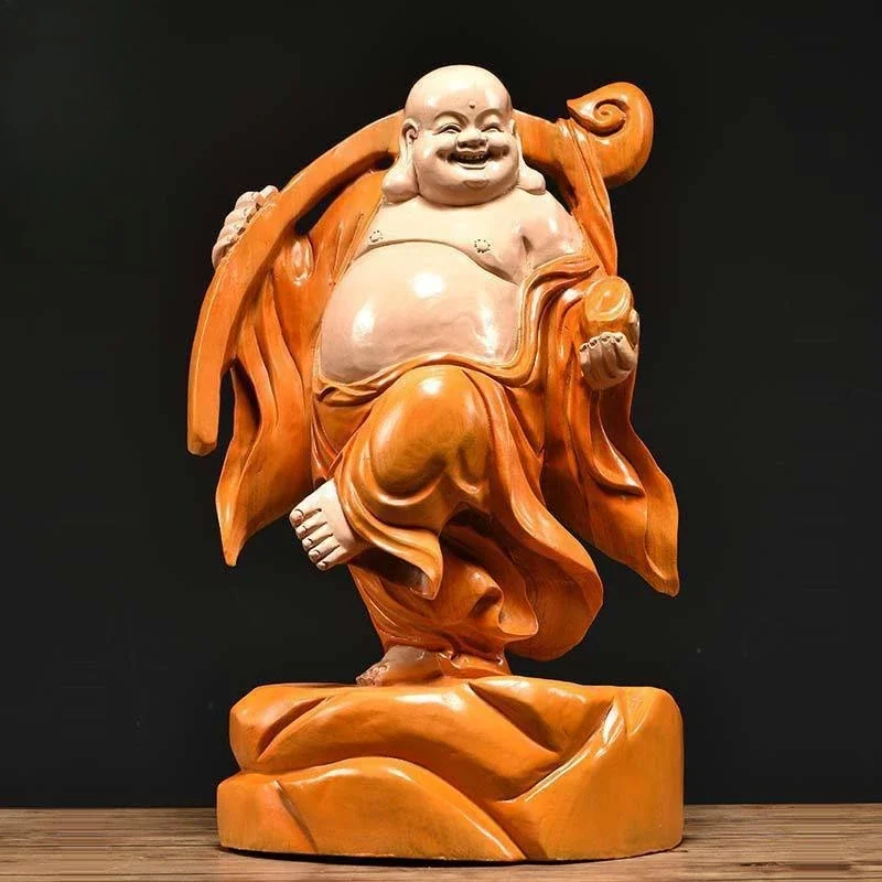 Camphor wood carving Maitreya Buddha ornament solid wood carving home decoration craft gifts