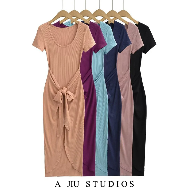 

Ele round Ne ort Sve Wrap Dr Women's Slimming Long Skirt Ba Slit Summer Sexy Sle Other Material Bodycon Dr